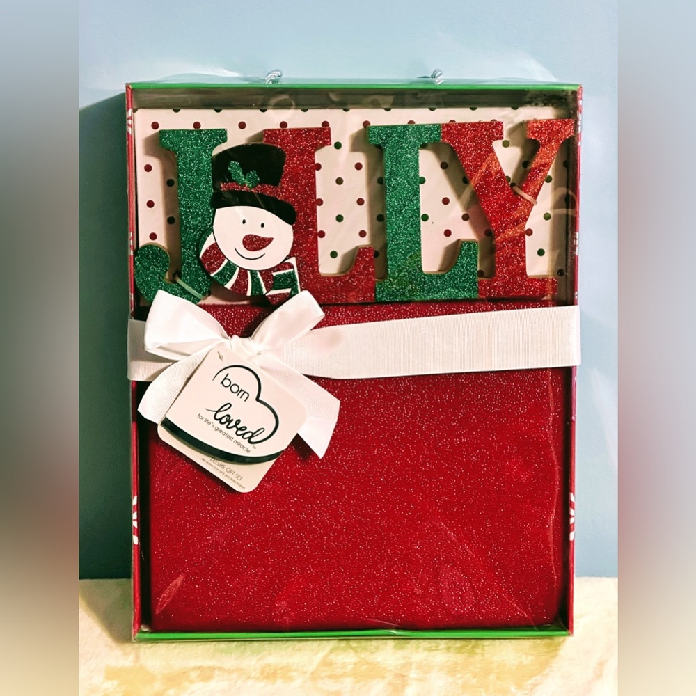 New BORN LOVED Deluxe Gift Set “JOLLY” Room Art & Plush Red Baby Blanket Unisex